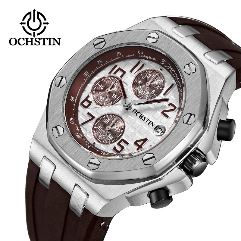 OCHSTIN BROWN Analog Quartz Watch Men Male Casual Fashion Sport Wristwatch Genuine Leather Strap Band Business Wrist Men Watch 6100