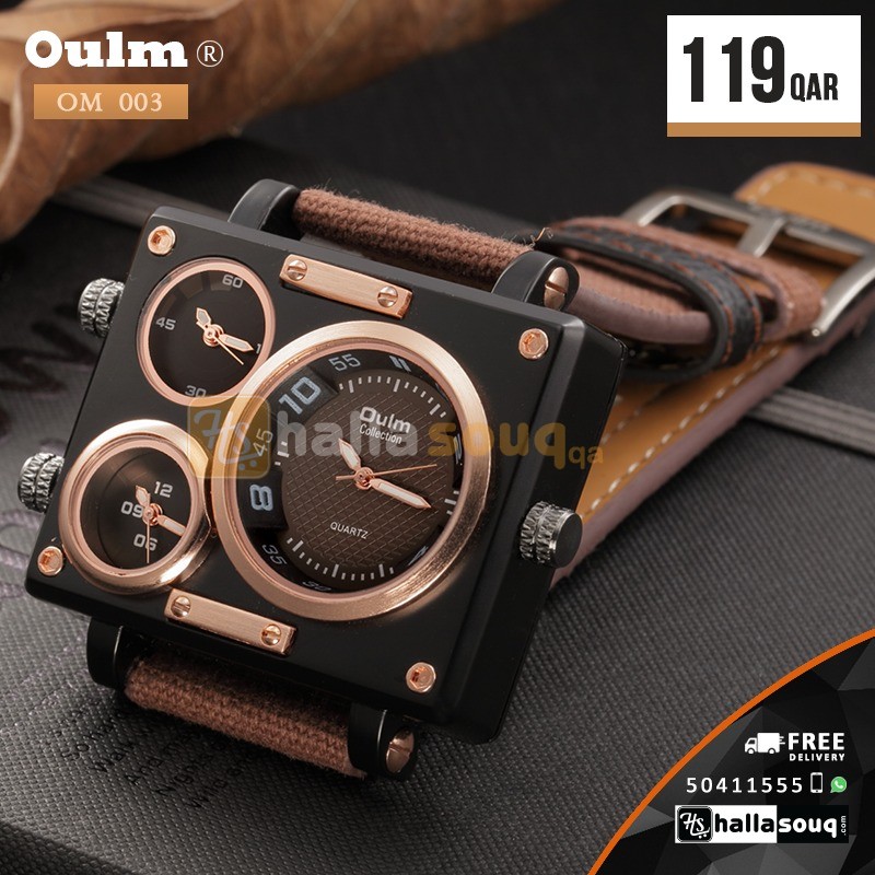 OM 003 Oulm Men Three Movt Quartz Watch Rectangle Dial Canvas + Leather Band Wristwatch