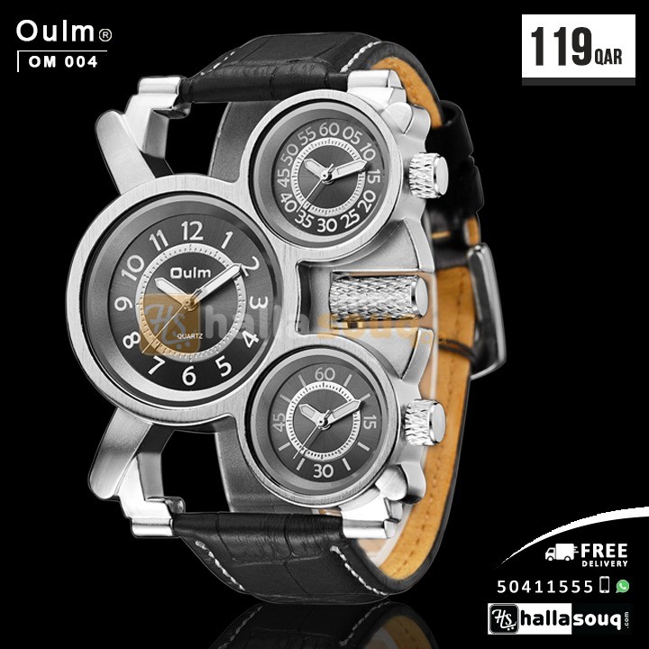 OM 004 OULM Mens  Top Brand Luxury Military Quartz-watch 3 Time Zones Leather Strap Male Wristwatch Relojes Hombre