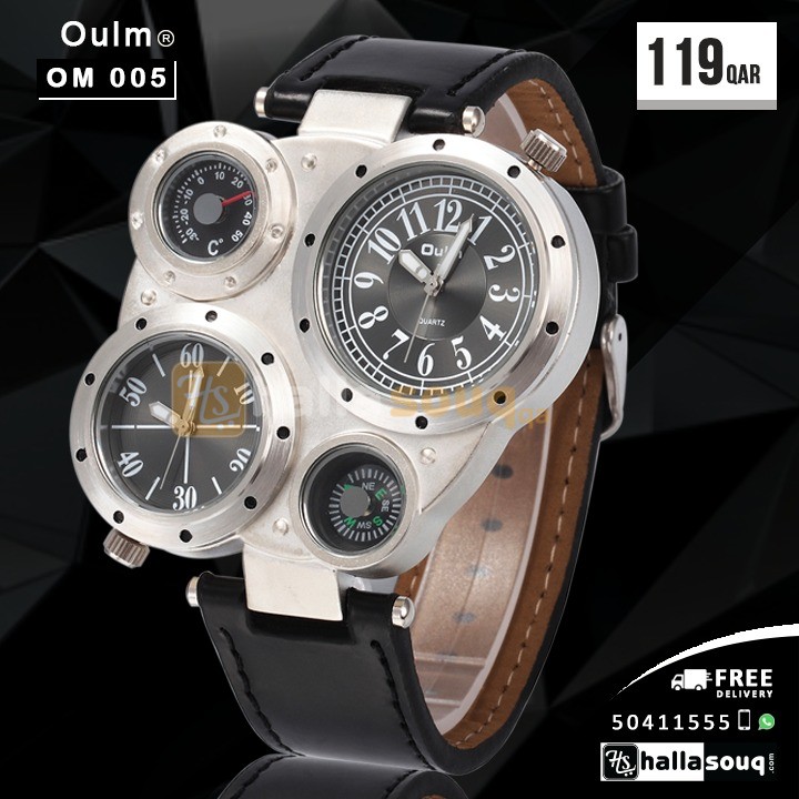 OM 005 OULM Mens Deco Compass Stylish Army Leather Strap Sport Modern Double Movement Big Wrist Watches