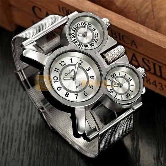 OM 007 Oulm Multiple Time Zone Watch Man Mesh Steel Strap Alloy Case Three Different Time Sport Watches Men Luxury Brand Wristwatch