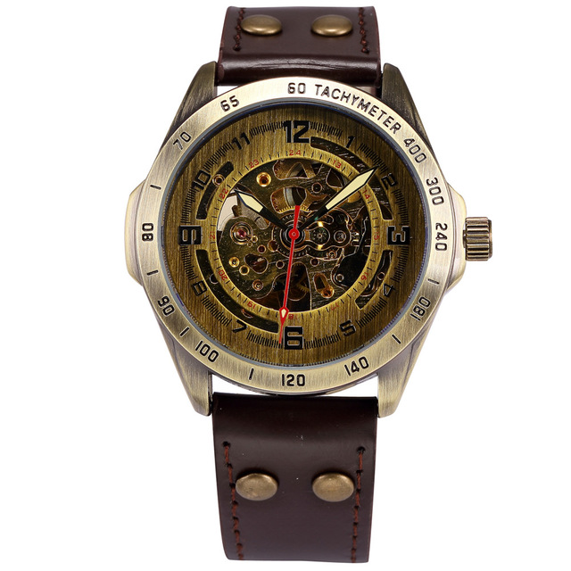 SH 002 SHENHUA Clock Men Retro Bronze Case Wristwatch Male Automatic Mechanical Skeleton Watch Vintage Wrist Watch