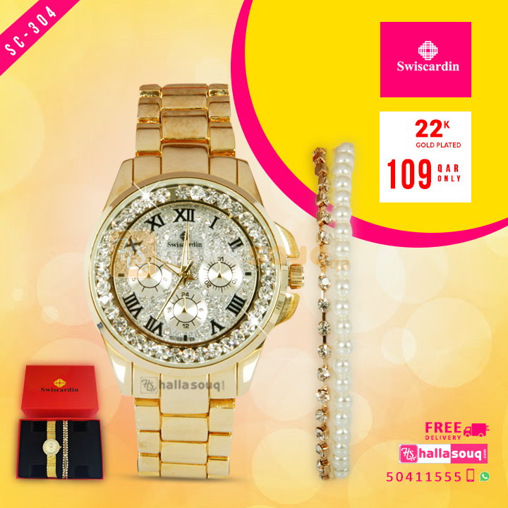 Swiscardin 22K SC 304 plated Fancy Watch & Bracelet for Women @109 QAR