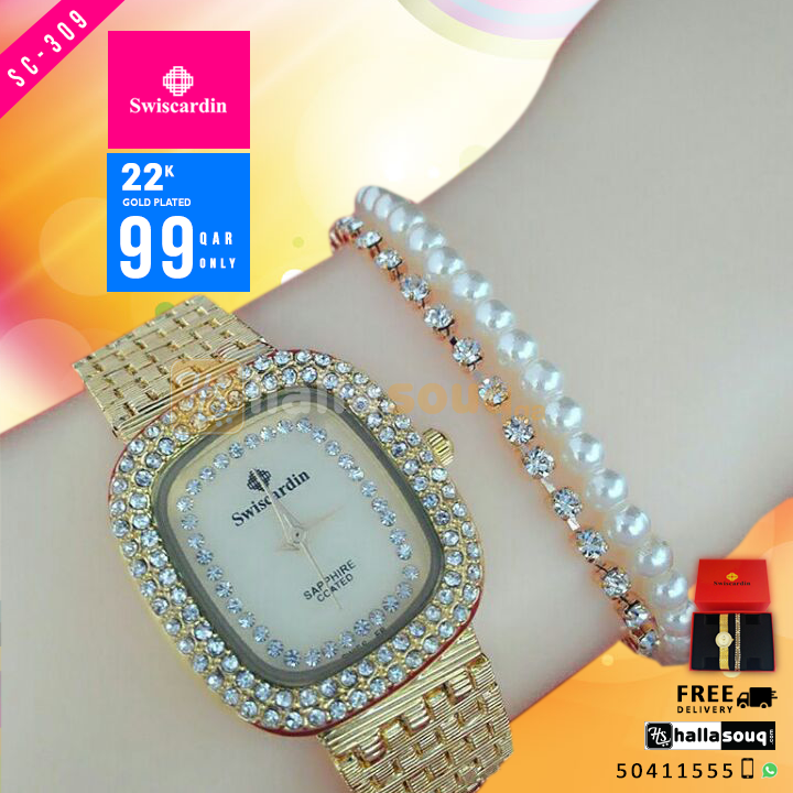 Swiscardin 22K SC 309 plated Fancy Watch & Bracelet for Women @99 QAR