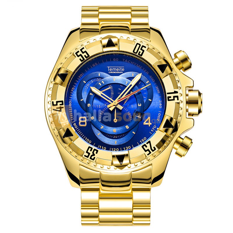 TE 001, TEMEITE Mens  Big Dial watch Luxury Gold Blue Full Steel Quartz