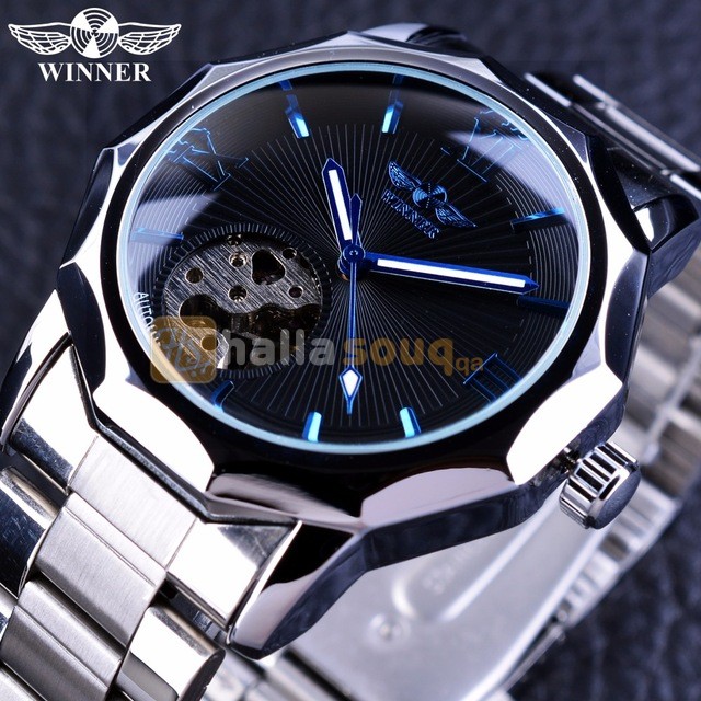 WN 003 Winner Blue Ocean Geometry Design Stainless Steel Luxury Small Dial Skeleton Mens Watches Top Brand Luxury Automatic Wrist Watch