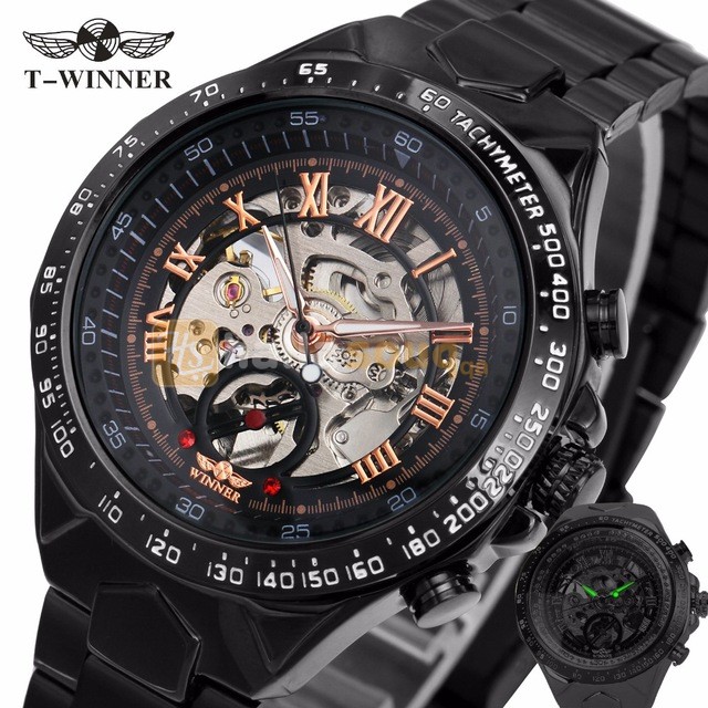 WN 005 WINNER Men Watch Cool Mechanical Automatic Wristwatch Stainless Steel Band Male Clock Skeleton Roman Dial