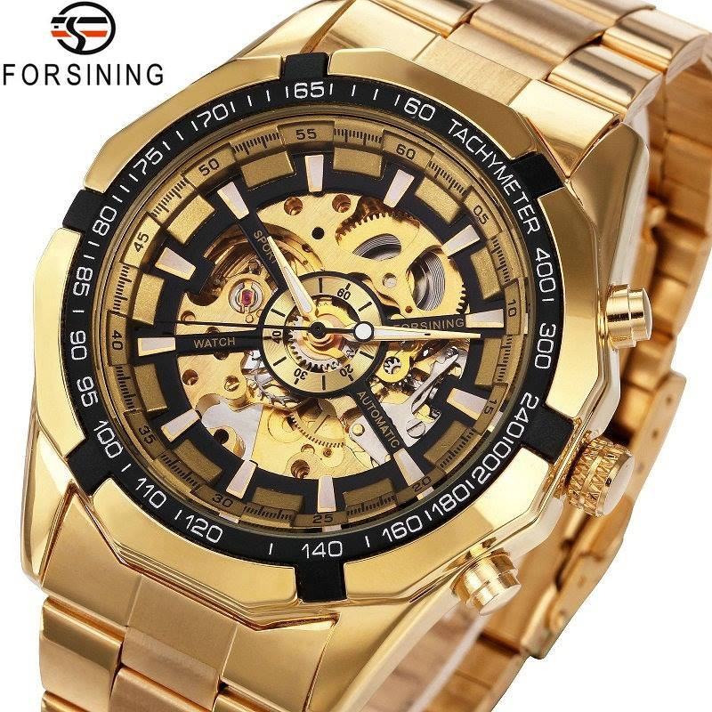 FRS 017 Forsining Stainless Steel Men's Skeleton Watches Top Brand Luxury Transparent Mechanical Male Wrist Watch - Black