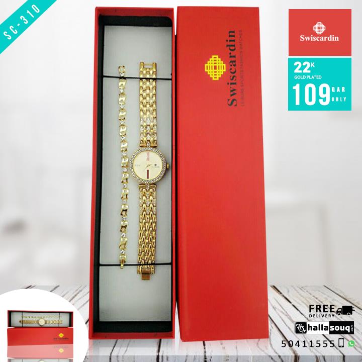 SC 310 Swiscardin 22K plated plated Fancy Watch & Bracelet for Women @109 QAR