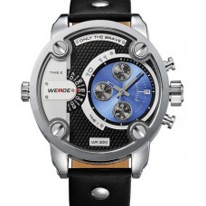 Weide WH3301 Big Dial Sport Military Date Black Leather Men Watch - Blue