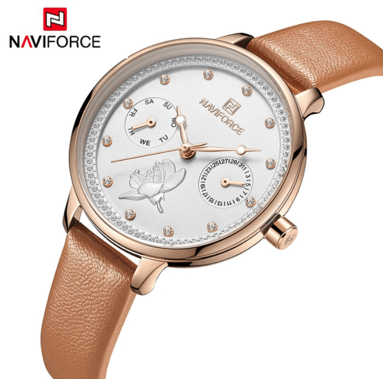 NAVIFORCE NF 5003 Women's  Watch Leather Gold Wrist Watches Waterproof Day Date Quartz