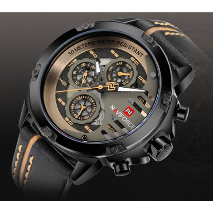 NAVIFORCE NF 9110 Men's Watch Genuine Leather Multi Functional -  Black White