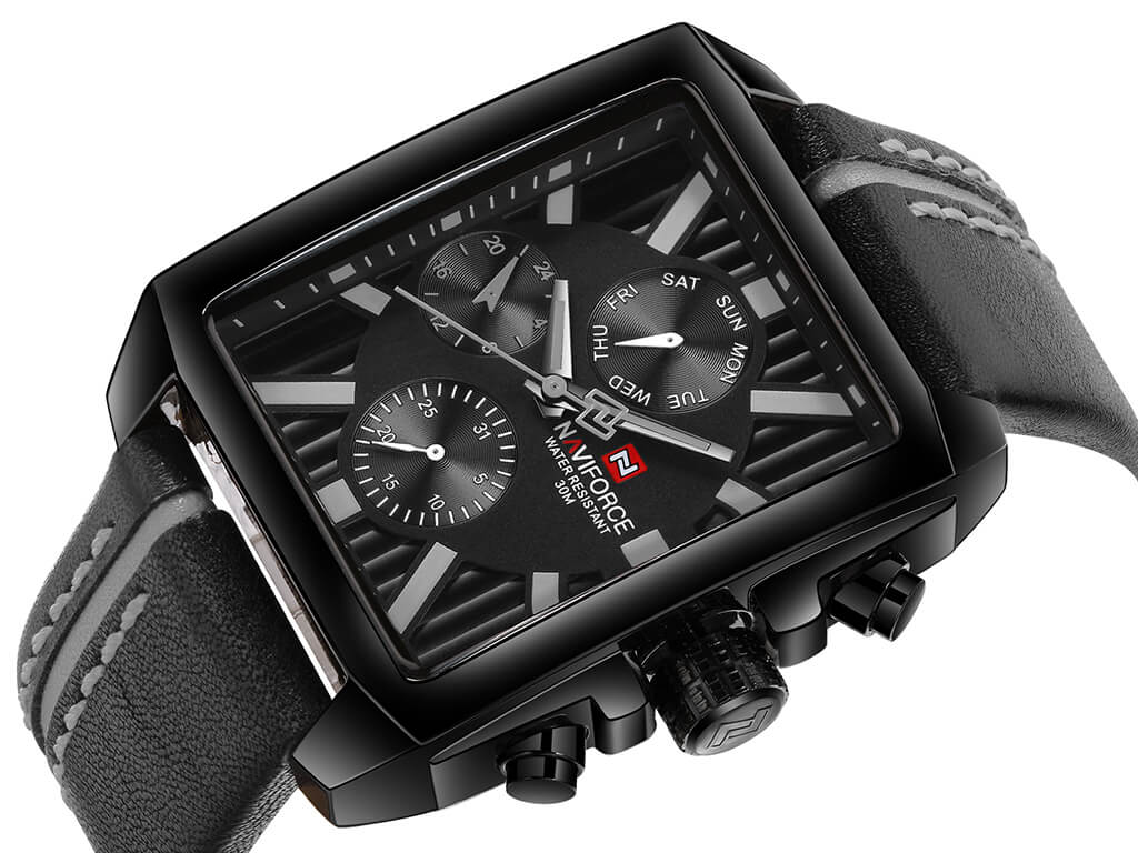 NAVIFORCE NF 9111 Men's Watch Leather Strap Square Analog Quartz Chronograph Waterproof Wrist Watch