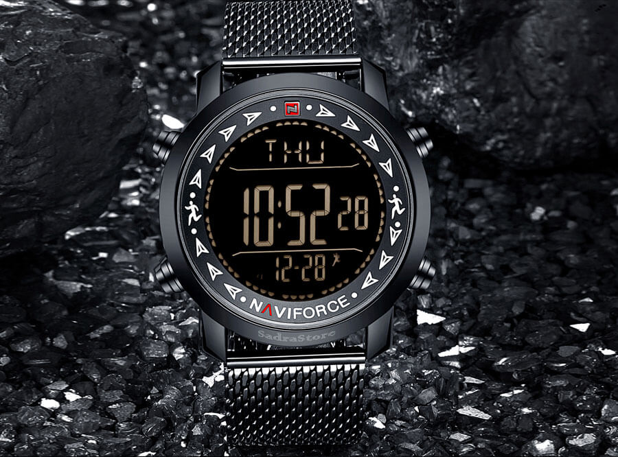 NAVIFORCE NF 9130 Men's Digital LED Pedometer Waterproof Stainless Steel Watch-RED