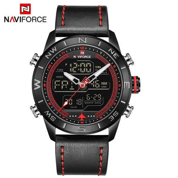 NAVIFORCE NF 9144 Men's Fashion Sport Watch Waterproof Dual Time Leather Strap Wristwatch Black Dark Brown