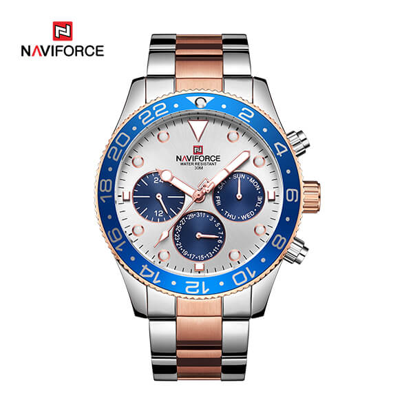 NAVIFORCE NF 9147 Men's Watch Waterproof Chronograph Date Stainless Steel Quartz-Rose Gold Blue