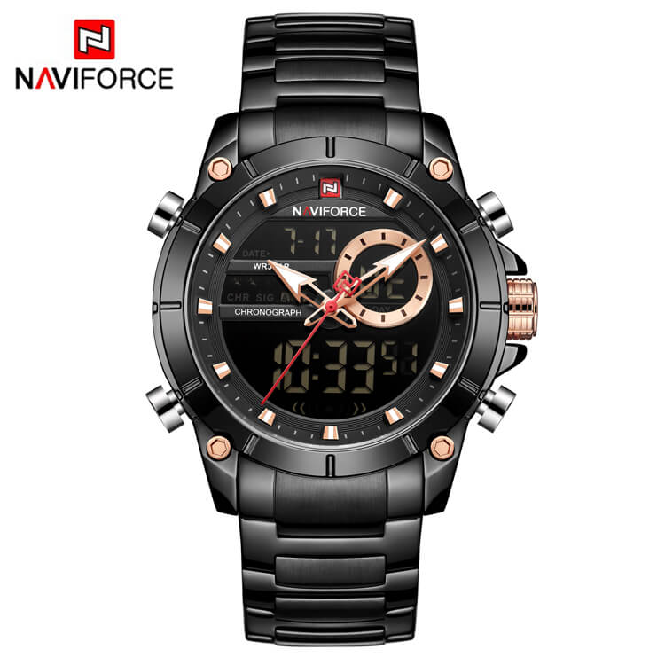 NAVIFORCE NF 9163 Men's Watch Chronograph Stainless Steel Analog Digital Watch-Gold Gold