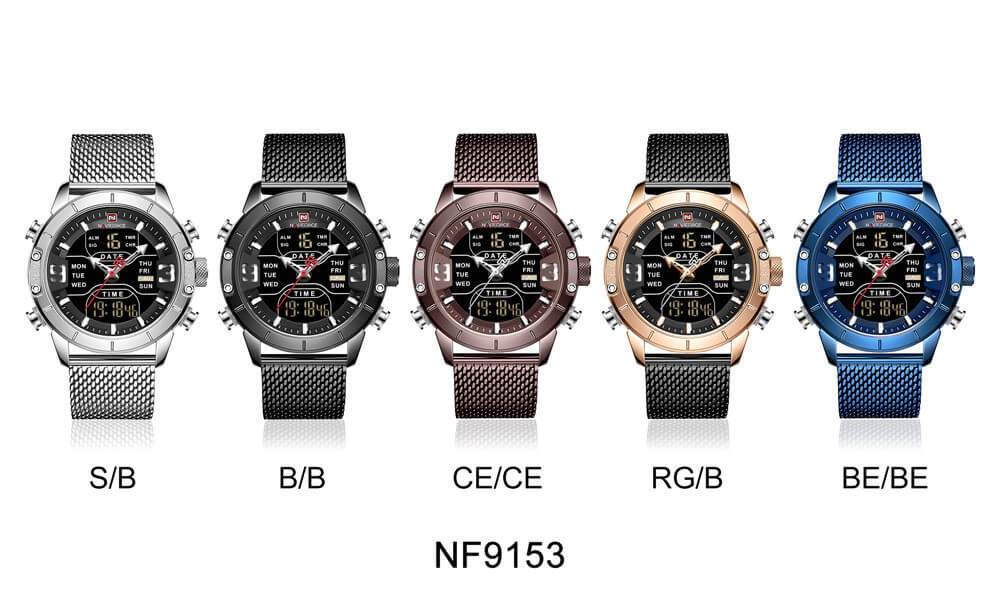NAVIFORCE NF 9153 Men's Watch Stainless Steel Strap Analog Digital Multifunction Waterproof Wristwatch-Silver Black