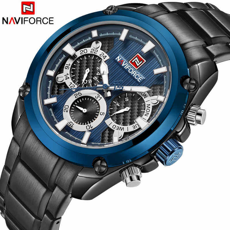 NAVIFORCE NF 9113 Men's watch Waterproof Stainless Steel Chronograph Watch Day & Date Display 24 Hours Format