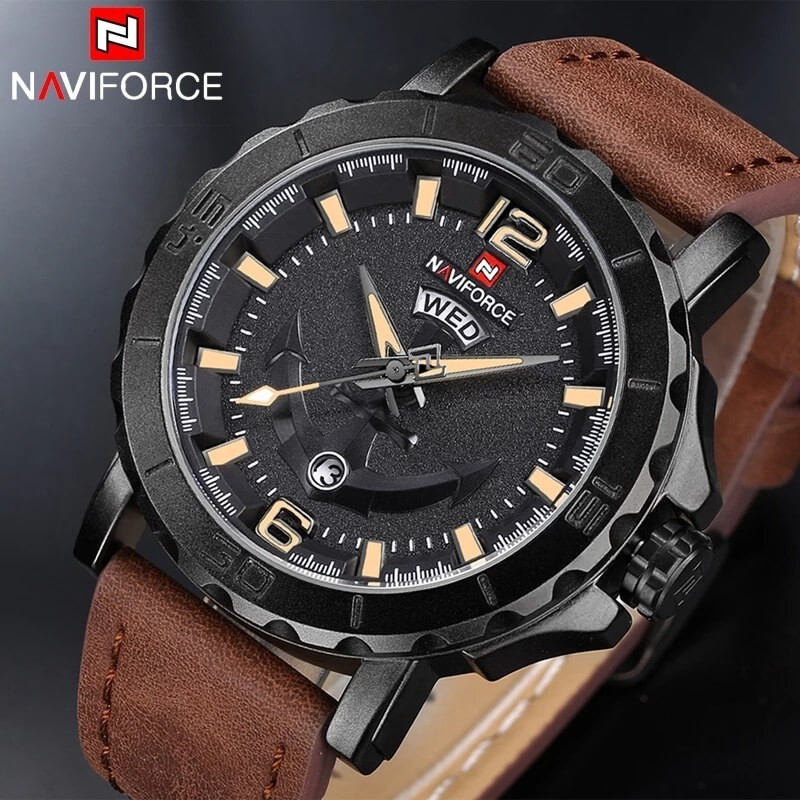NAVIFORCE NF 9122 Men's Watch Day and Date Display Formal Analog Watch Leather Strap Waterproof