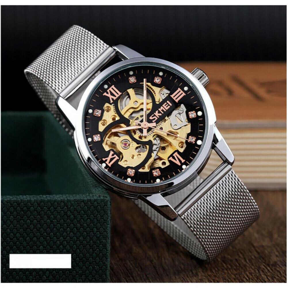 SKMEI SK 9199 Automatic watch Men's Gear Hollow Art Dial Stainless Steel Strap Black color Wristwatch