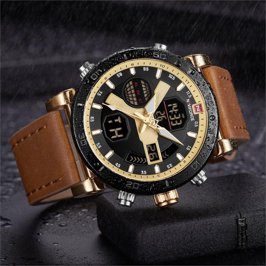 NAVIFORCE NF 9132 Dual Display Leather Strap Multi function Men's watch Waterproof