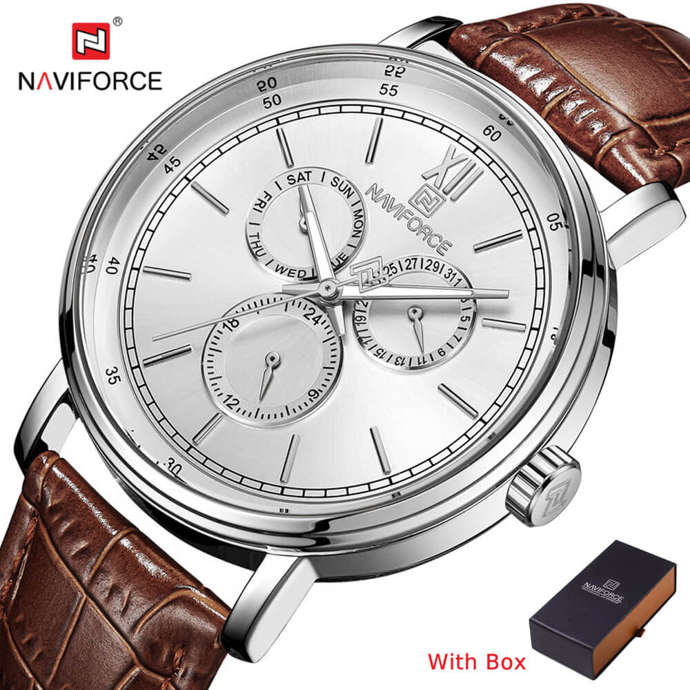 NAVIFORCE NF 3002 Men's Watch Waterproof Chronograph Leather Strap with Date Week Display