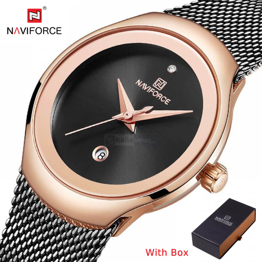 NAVIFORCE NF 5004 Women's Watch Waterproof Simple Steel Mesh Strap with Date Wristwatch-ROSE GOLD WHITE