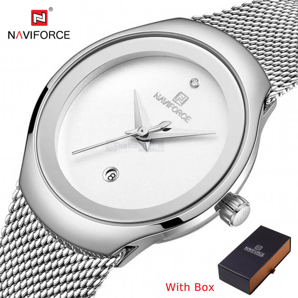 NAVIFORCE NF 5004 Women's Watch Waterproof Simple Steel Mesh Strap with Date Wristwatch-SILVER WHITE