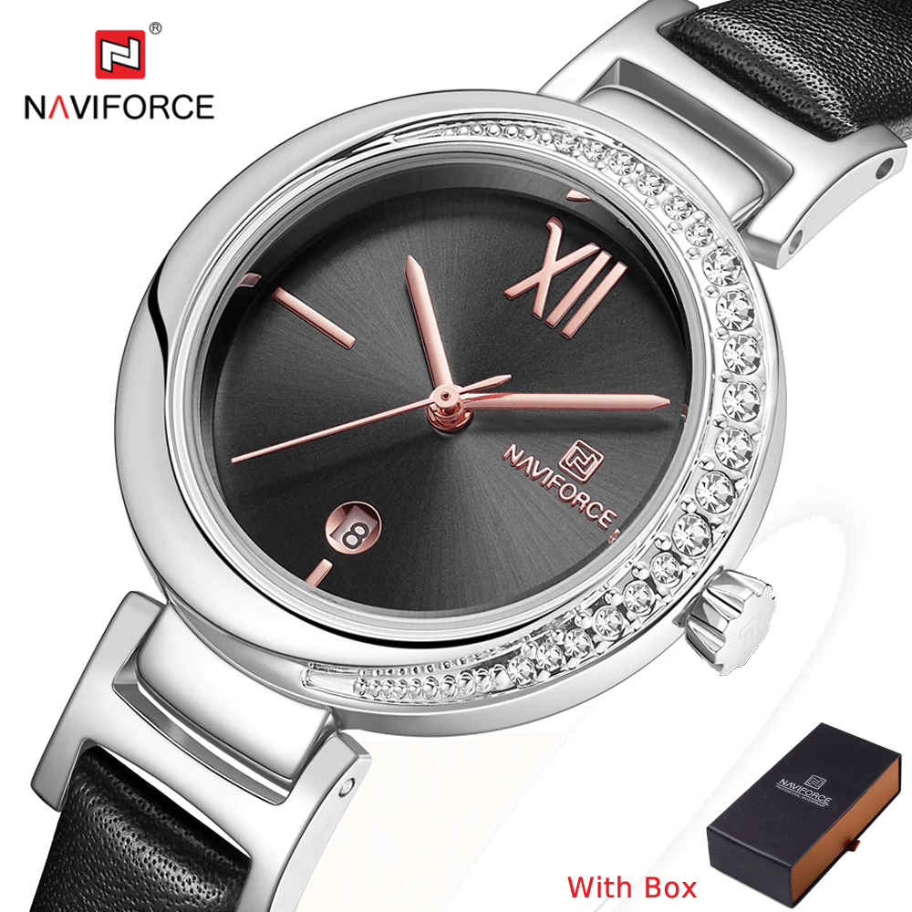 NAVIFORCE NF 5007 Genuine Leather Women's Waterproof Wrist watch with Date-KHAKI