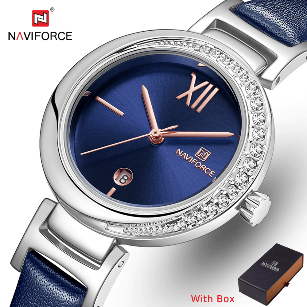 NAVIFORCE NF 5007 Genuine Leather Women's Waterproof Wrist watch with Date-BLUE