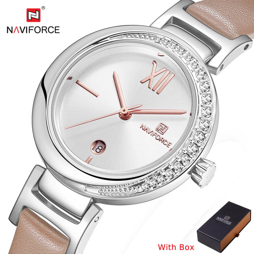 NAVIFORCE NF 5007 Genuine Leather Women's Waterproof Wrist watch with Date-BLACK