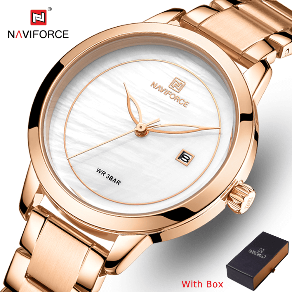 NAVIFORCE NF 5008 Women's Watch Luxury Fashion Simple - Analog Watch Dial with Date Stainless Steel Waterproof Wristwatch-GOLD WHITE