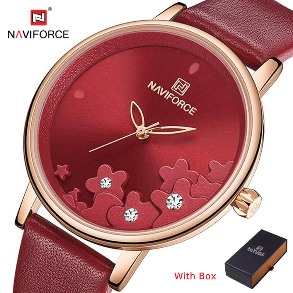 NAVIFORCE NF 5012 Luxury Fashion 3D Flower Creative Women's Analog Watch Dial with Date-GOLD