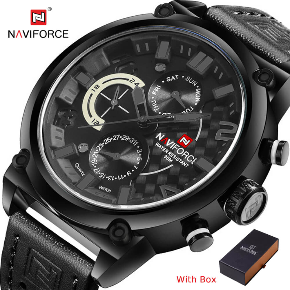 NAVIFORCE NF 9068L Men's Watch Date Week Waterproof Sport  Watch Genuine Leather Quartz-Black White
