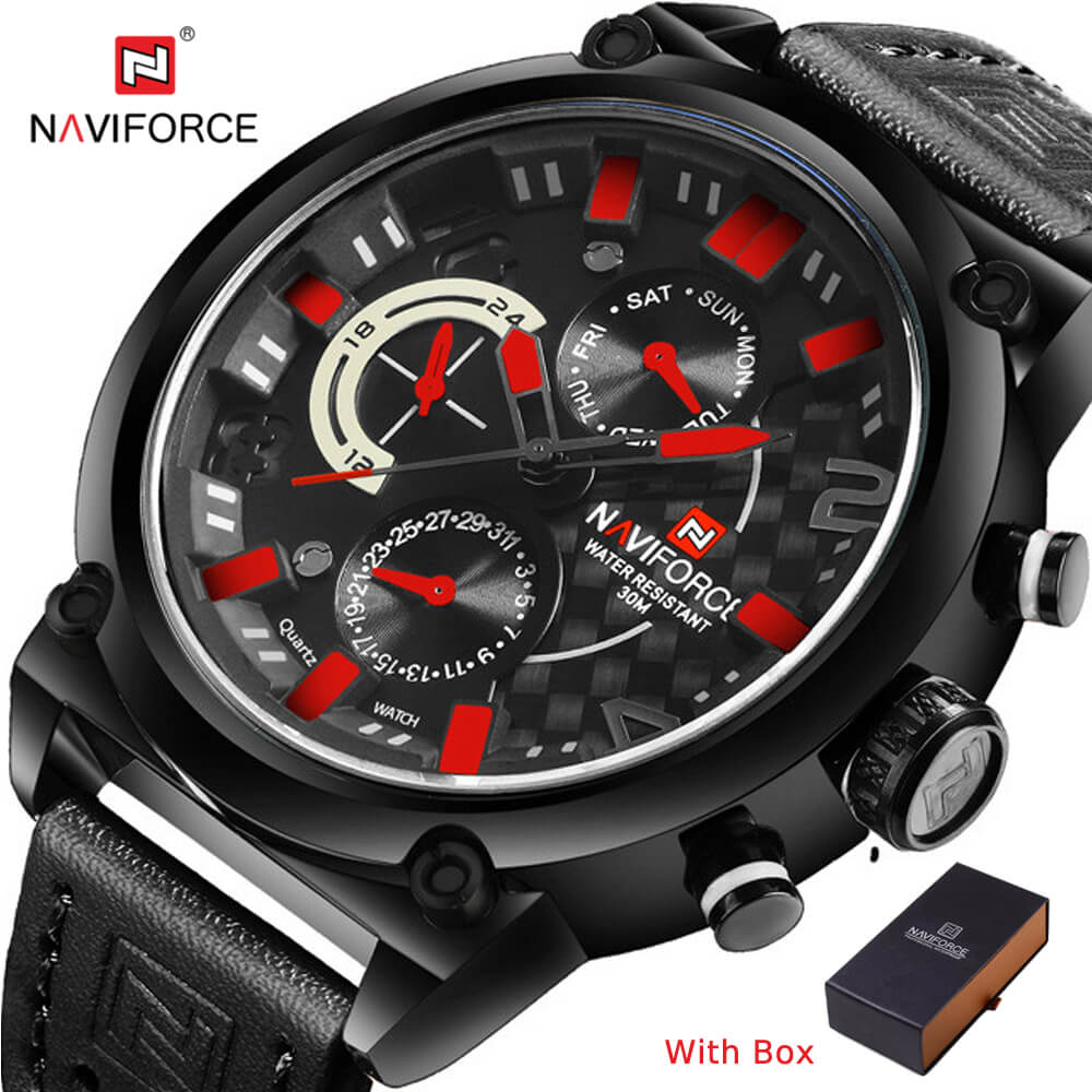 NAVIFORCE NF 9068L Men's Watch Date Week Waterproof Sport  Watch Genuine Leather Quartz GREY