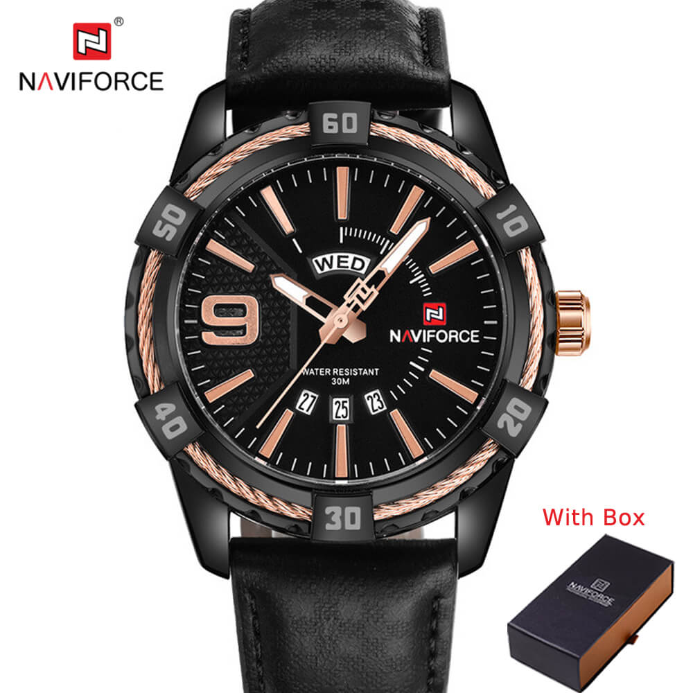 NAVIFORCE NF 9117L Men's Watch Waterproof Quartz Military Leather strap Day Date Function Luxury Watch Black 003