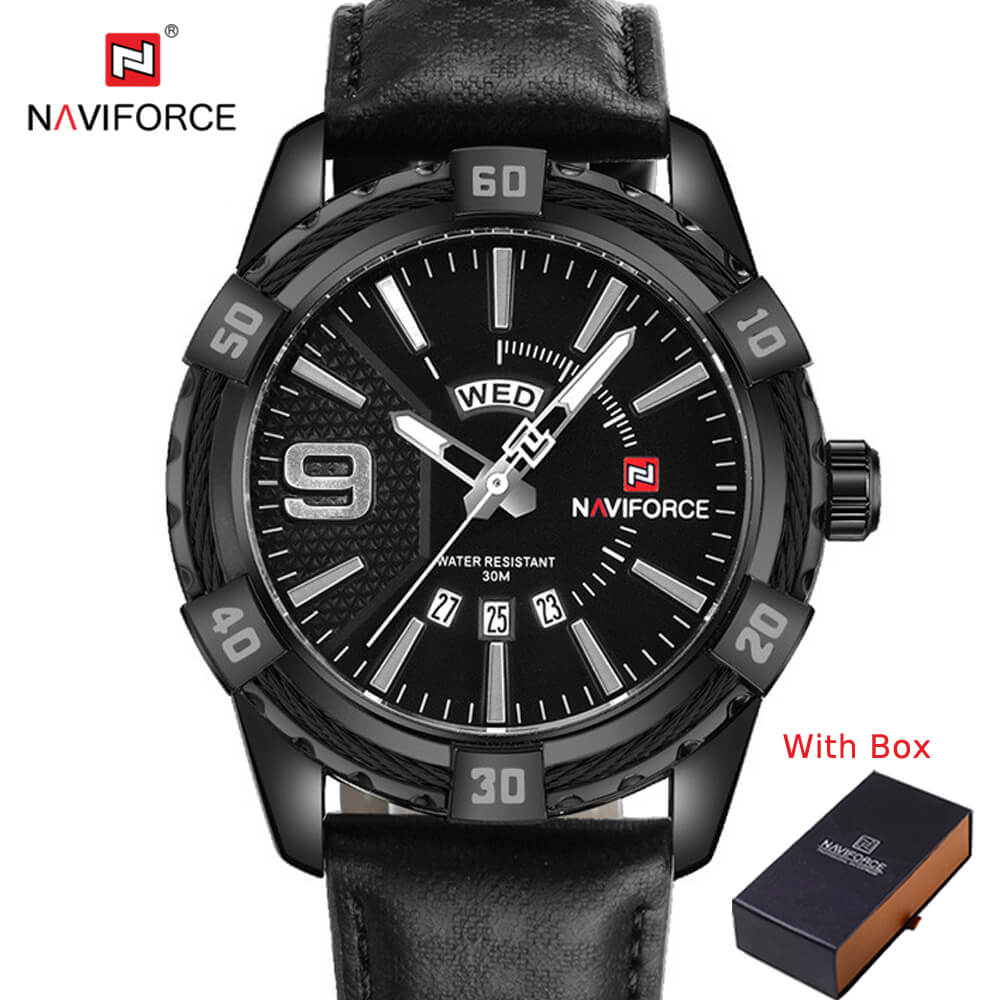 NAVIFORCE NF 9117L Men's Watch Waterproof Quartz Military Leather strap Day Date Function Luxury Watch Silver White 004