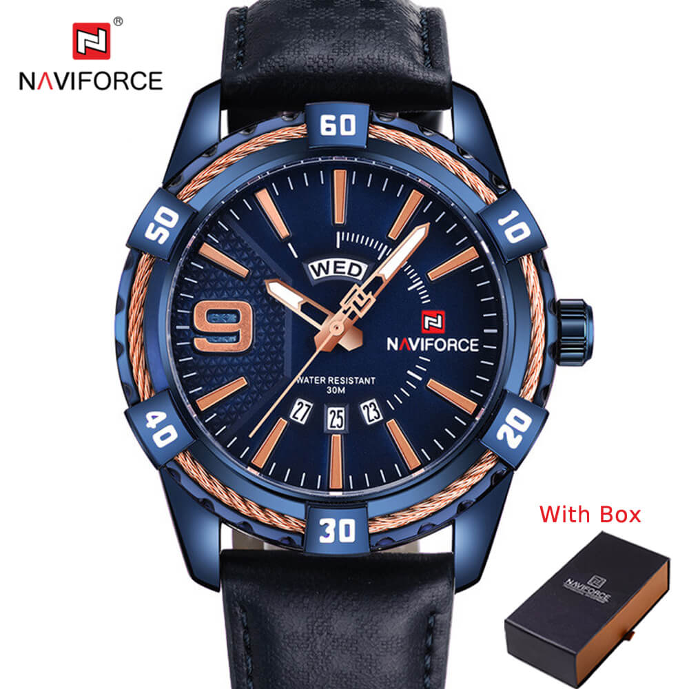 NAVIFORCE NF 9117L Men's Watch Waterproof Quartz Military Leather Strap Day Date Function Luxury Watch Black Rose Gold