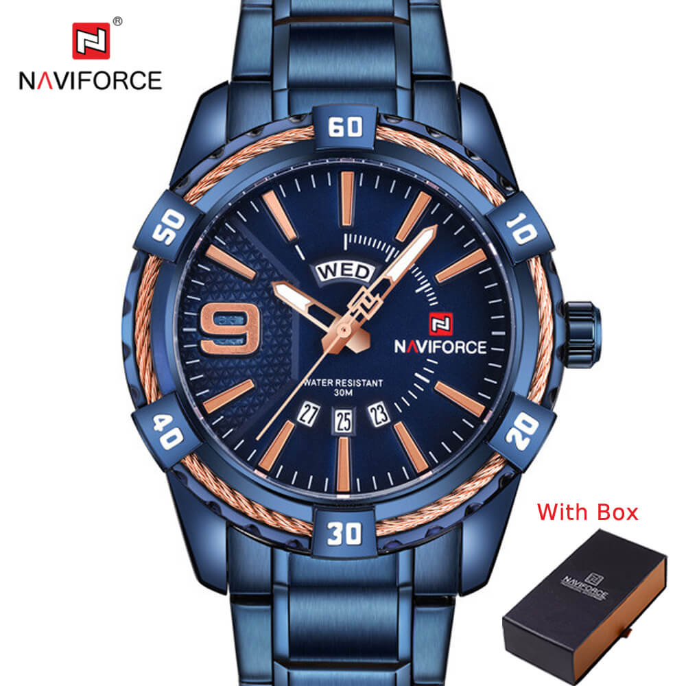 NAVIFORCE NF 9117S Men's Watch Waterproof Stainless Steel Calendar Clock Gold 007