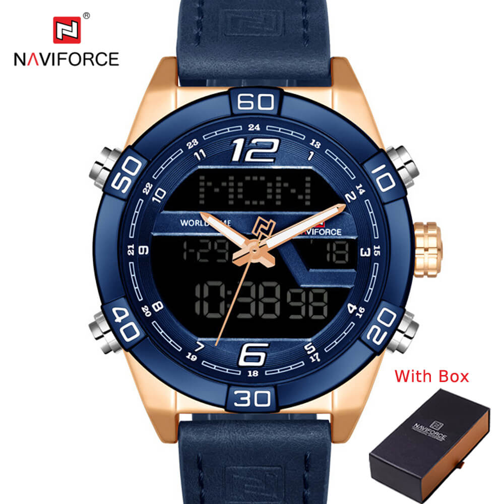 NAVIFORCE NF 9128 Men's Fashion Sports Watch Waterproof Analog and Digital Leather Strap Quartz-BLACK