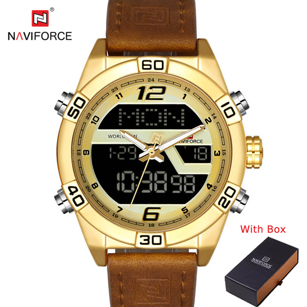 NAVIFORCE NF 9128 Men's Fashion Sports Watch Waterproof Analog and Digital Leather Strap Quartz-ROSE GOLD BLUE