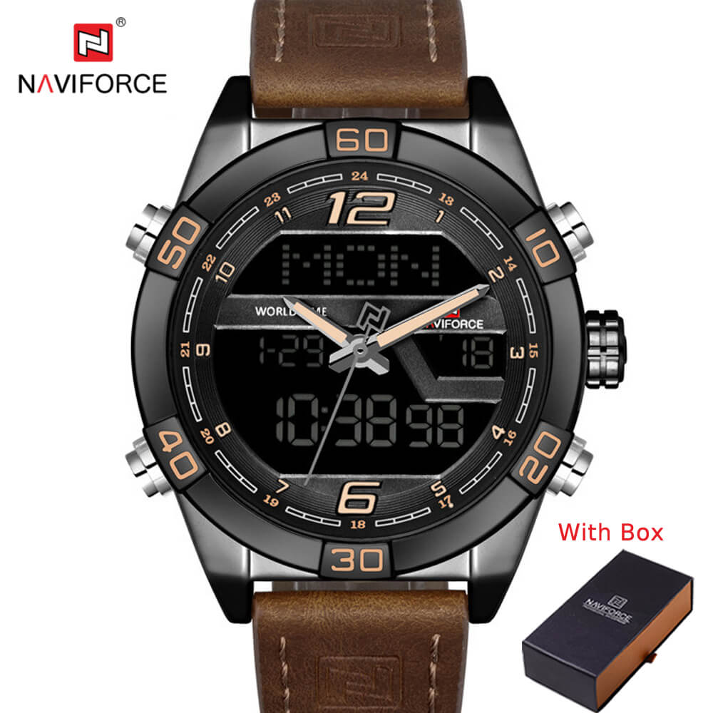 NAVIFORCE NF 9128 Men's Fashion Sports Watch Waterproof Analog and Digital Leather Strap Quartz-GOLD BROWN