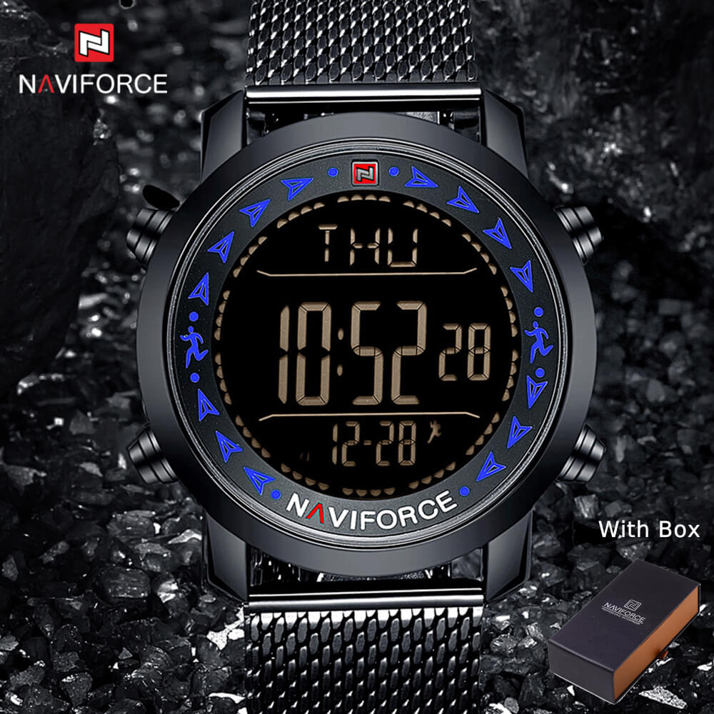 NAVIFORCE NF 9130 Men's Digital LED Pedometer Waterproof Stainless Steel Watch-Blue