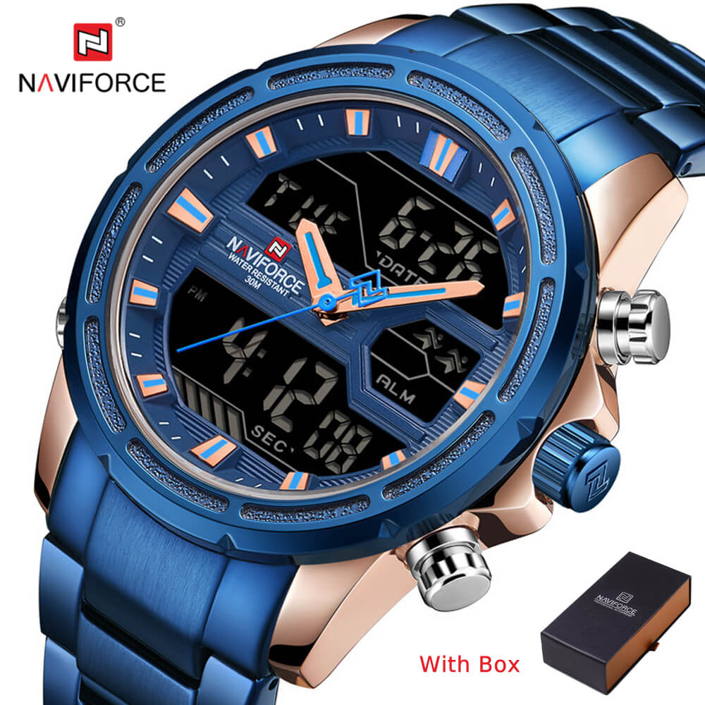NAVIFORCE NF 9138S Men's Watch Waterproof Dual time Stainless Steel Watch with Day and Date Display-Blue