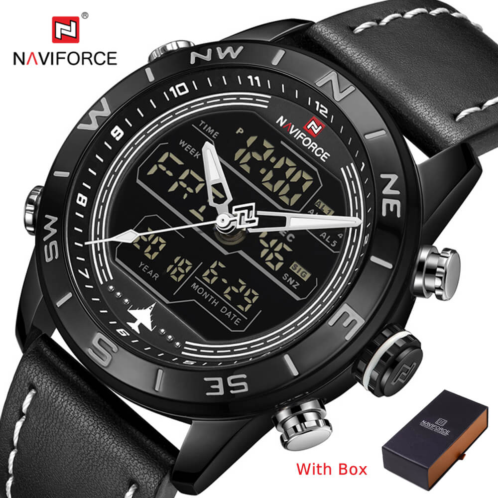 NAVIFORCE NF 9144 Men's Fashion Sport Watch Dual Time Leather Strap Wristwatch - Black Red