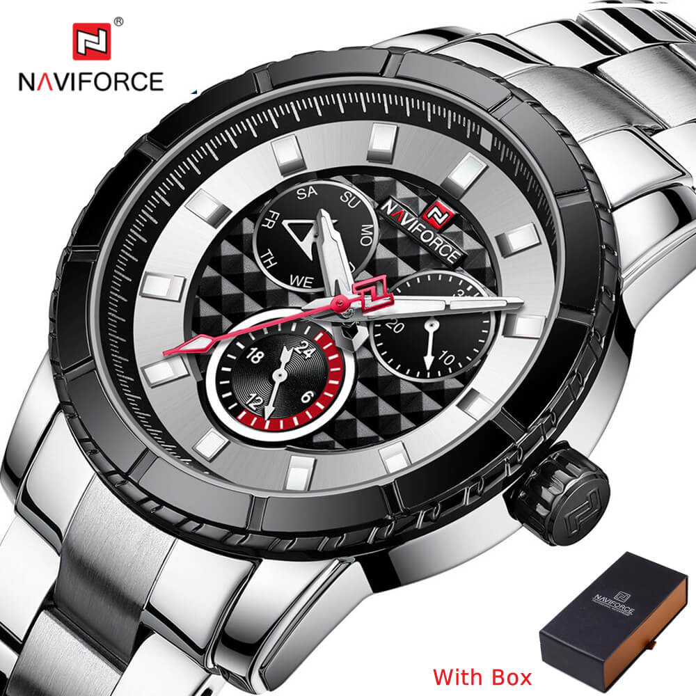 NAVIFORCE NF 9145 Luxury Brand Waterproof Stainless Steel Men's Watch Chronograph-Silver White