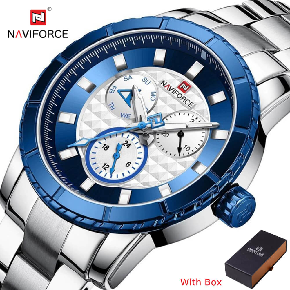 NAVIFORCE NF 9145 Luxury Brand Waterproof Stainless Steel Men's Watch Chronograph-Silver White