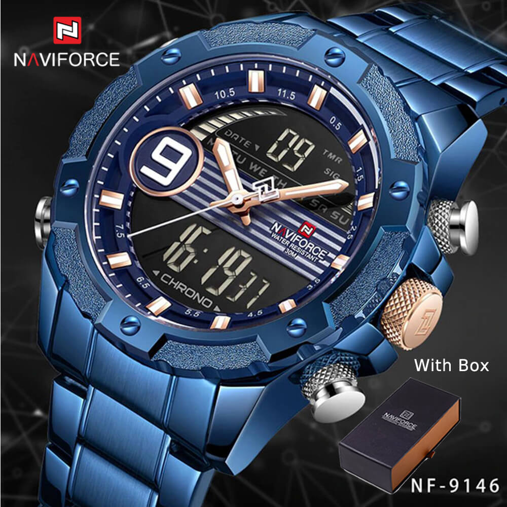 NAVIFORCE NF 9146 Men's Quartz Stainless steel Digital Analog Waterproof Wrist Watch SILVER