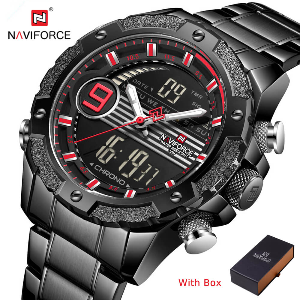 NAVIFORCE NF 9146 Men's Quartz Stainless steel Digital Analog Waterproof Wrist Watch-Red